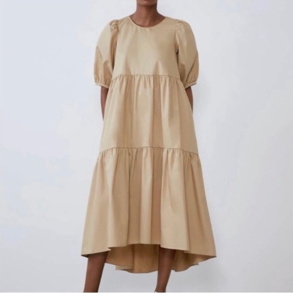 Zara Dresses & Skirts - Zara Tiered Maxi Dress Puff Sleeve Casual Flowy Neutral Size xs
